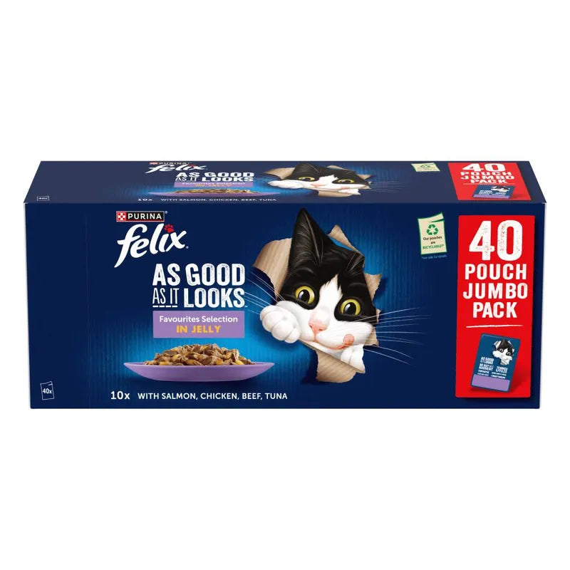 Box of Purina Felix cat food with a black and white cat illustration on a blue background