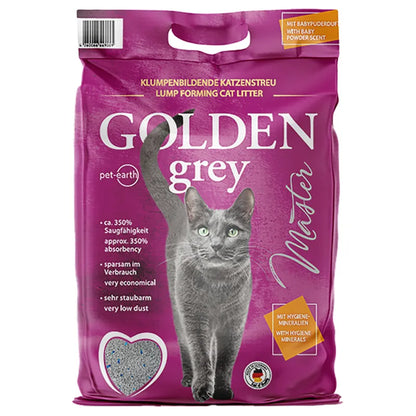 Purple package of Golden Master cat litter with a gray cat on a white background