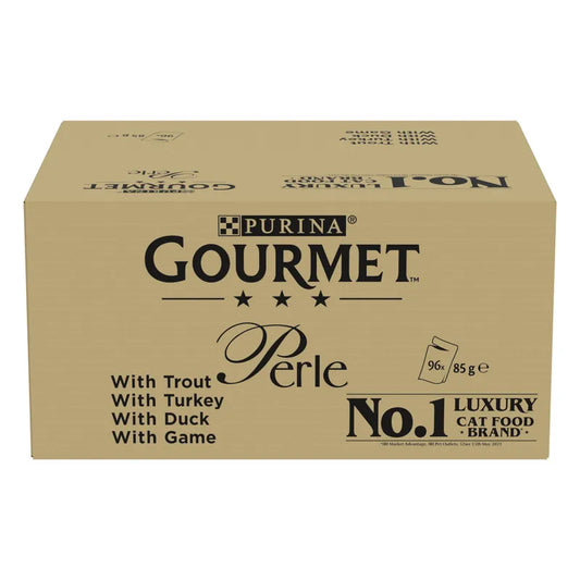 Purina Gourmet Perle cat food box on a white background