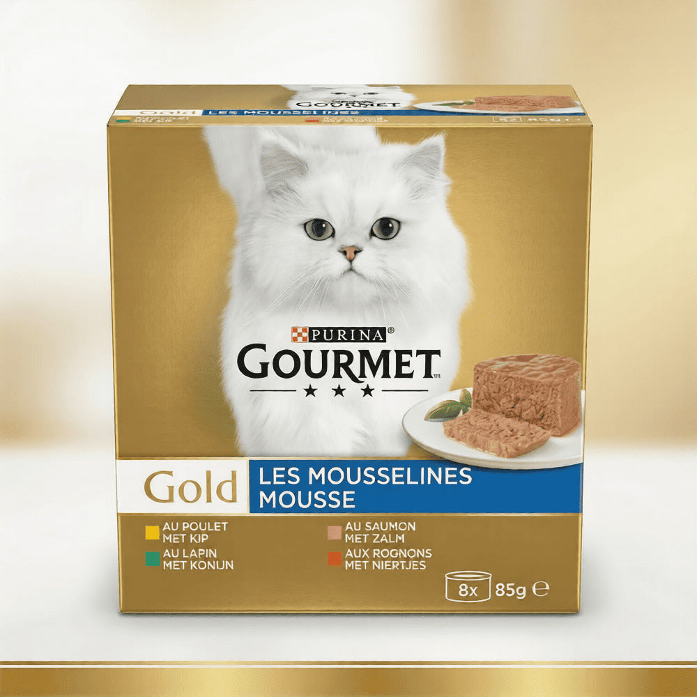 Purina Gourmet Gold cat food packaging with a white cat on the label.