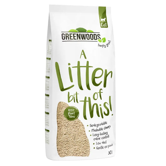 Greenwoods cat litter packaging on a white background
