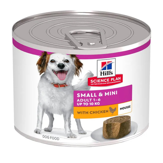 Hills Science Plan dog food can for small and mini dogs with chicken mousse on a white background