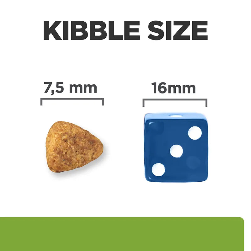 Comparison of kibble size to a blue die with measurements on a white background