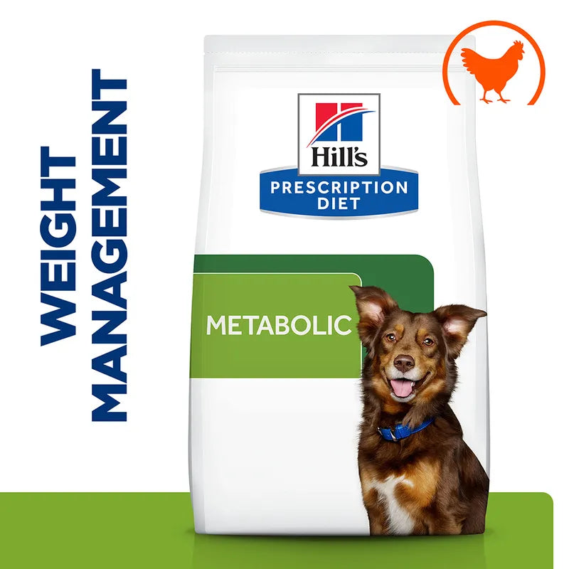Hill's Prescription Diet Metabolic weight management dog food package with a dog on the label.