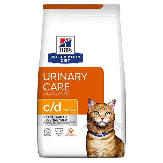 Hills Prescription Diet Urinary Care c/d multicare cat food bag with a cat on the label.