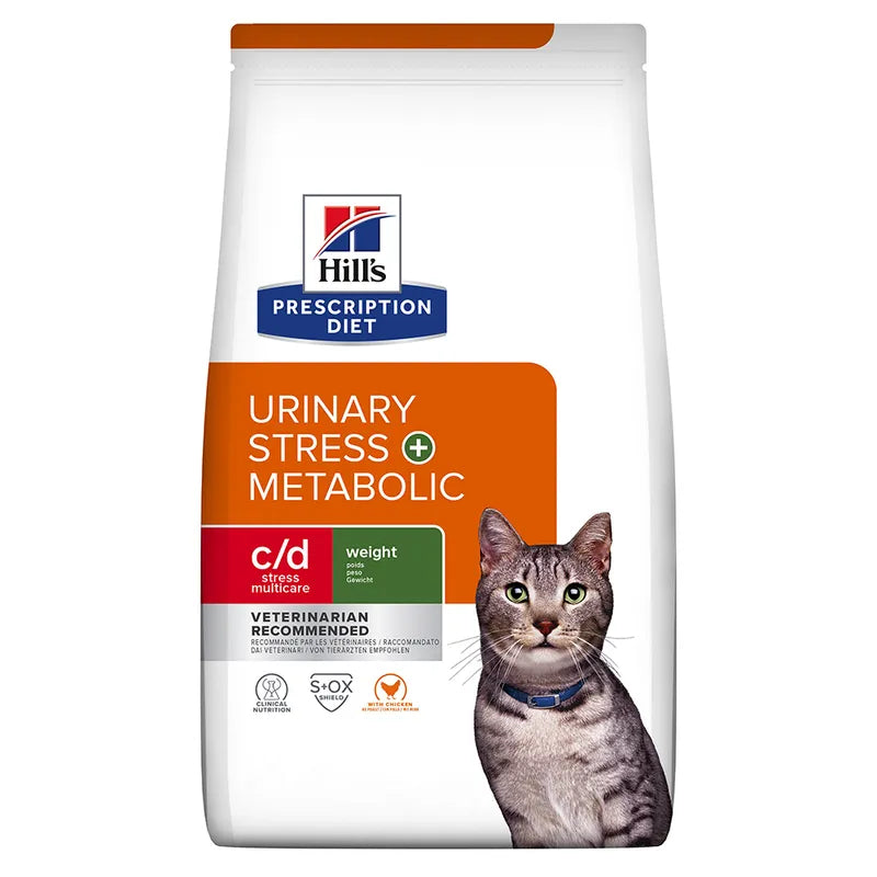 Hills Prescription Diet cat food package for urinary stress and metabolic issues on a white background