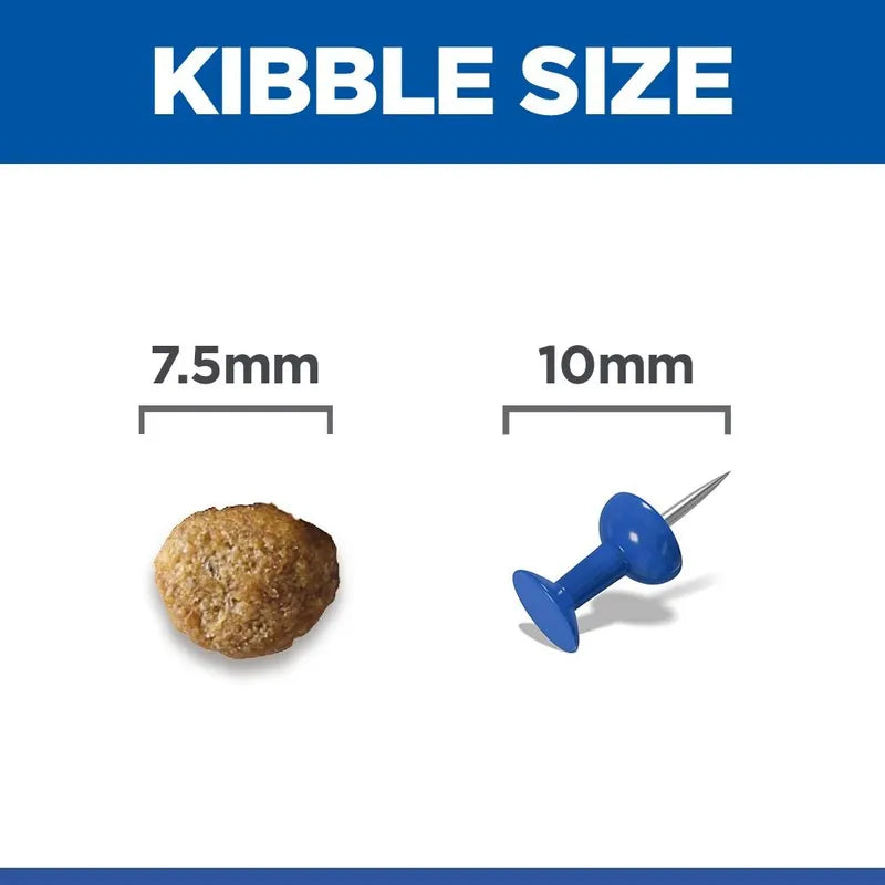 Comparison of kibble size to a blue pushpin on a white background with 'Kibble Size' text at the top.