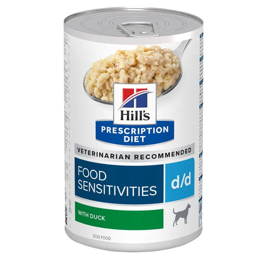 Can of Hills Prescription Diet d/d dog food with duck on a white background