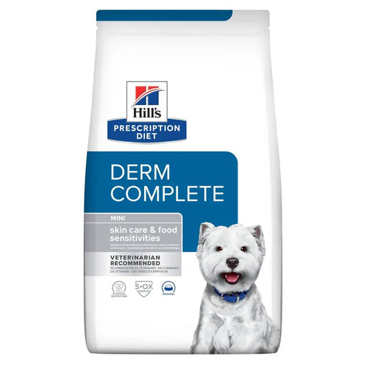 Hills Prescription Diet Derm Complete dog food package on a white background