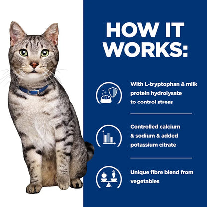 Cat with a blue collar on a white background, next to text about stress control and ingredient details.