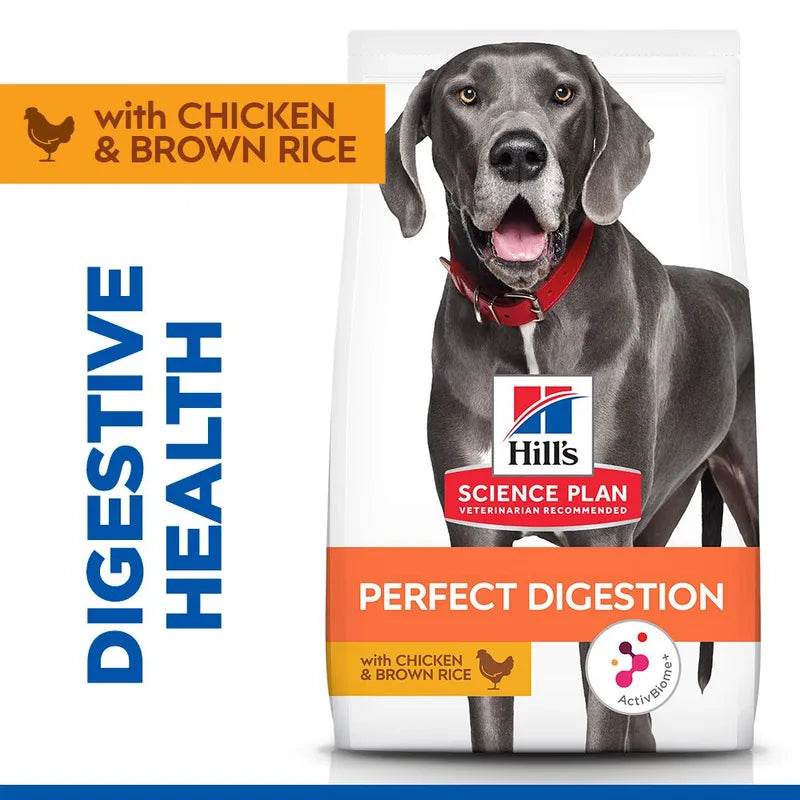 Dog food package with a gray dog on a white background, featuring text about chicken, brown rice, and digestive health.