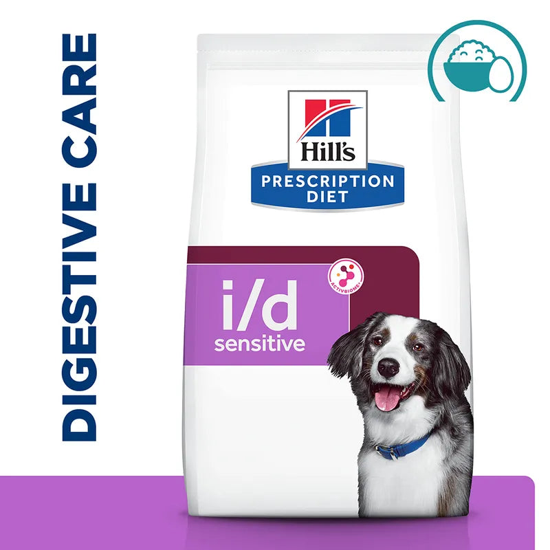 Hills Prescription Diet i/d sensitive dog food package with a dog on the label.