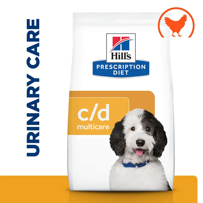 Hills Prescription Diet c/d multicare urinary care dog food packaging with a puppy on a white background