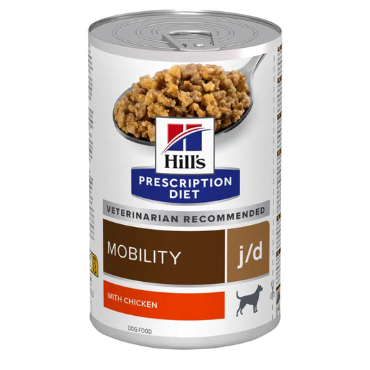 Can of Hills Prescription Diet Mobility j/d dog food on a white background