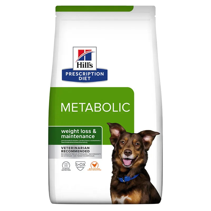 Hills Prescription Diet Metabolic weight loss and maintenance dog food packaging on a white background