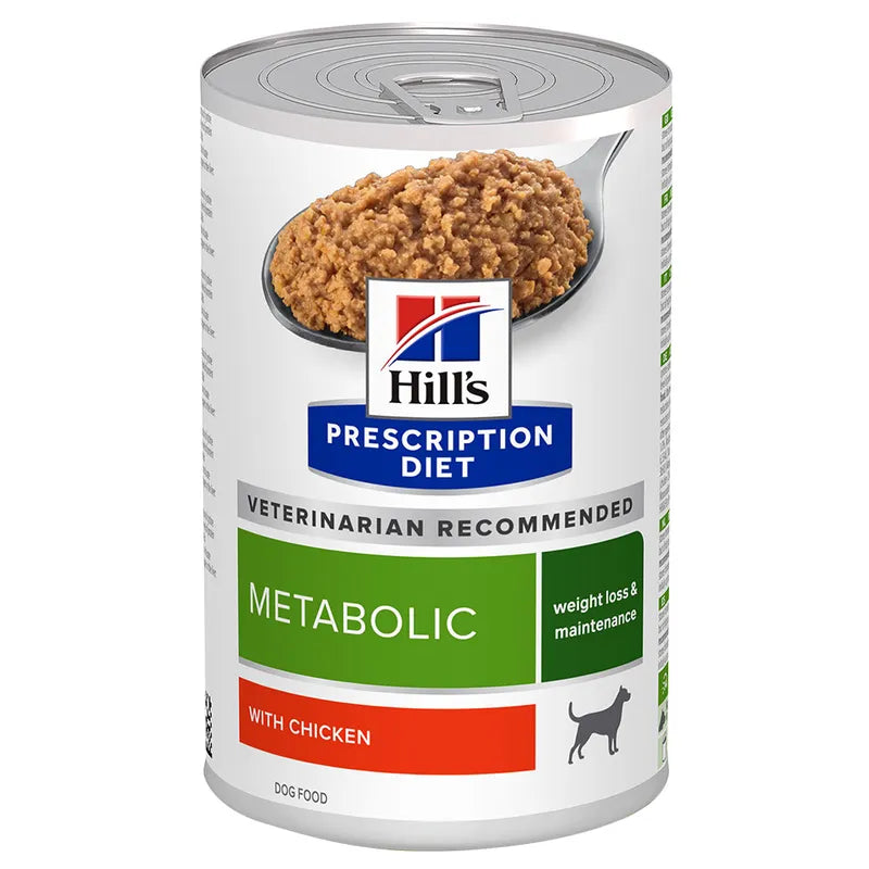 Can of Hills Prescription Diet Metabolic dog food on a white background