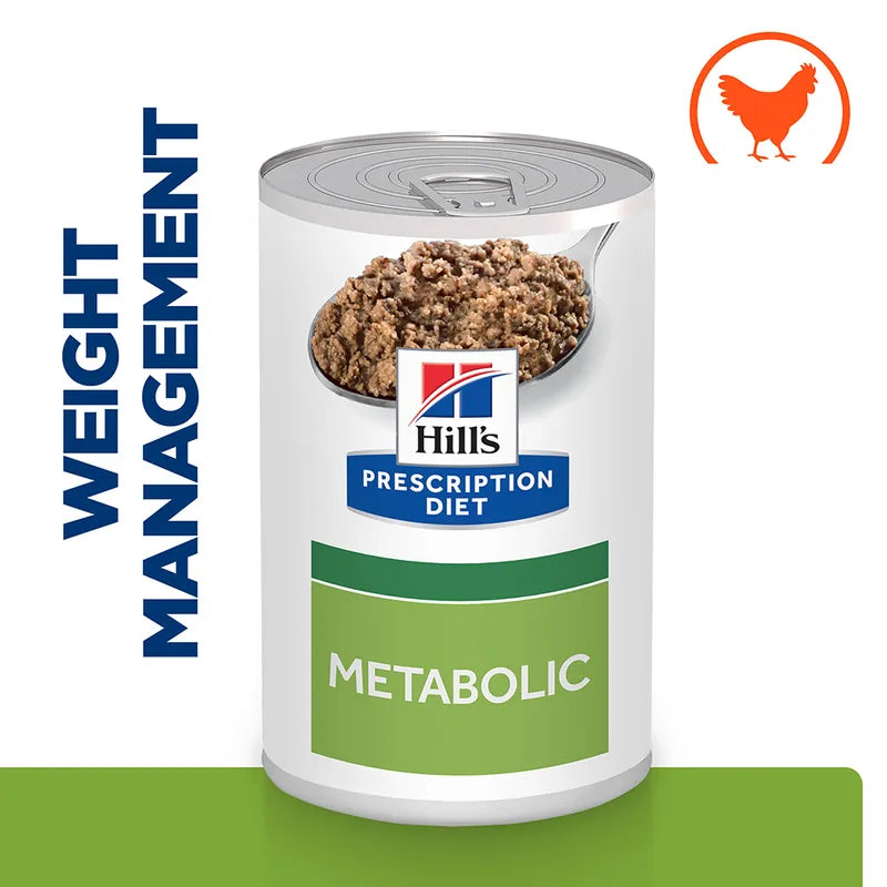 Hill's Prescription Diet can for weight management and metabolic issues on a white background