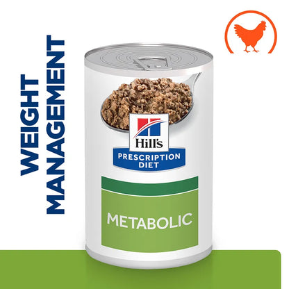 Hill's Prescription Diet can for weight management and metabolic issues on a white background