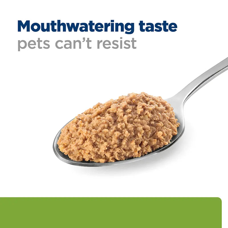 Spoonful of brown pet food with 'Mouthwatering taste pets can't resist' text on a white background