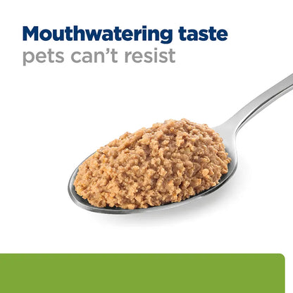 Spoonful of brown pet food with 'Mouthwatering taste pets can't resist' text on a white background
