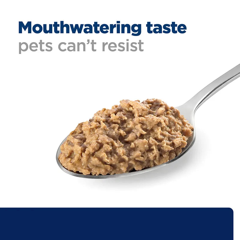 Spoonful of pet food with text 'Mouthwatering taste pets can't resist' on a white background