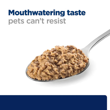 Spoonful of pet food with text 'Mouthwatering taste pets can't resist' on a white background