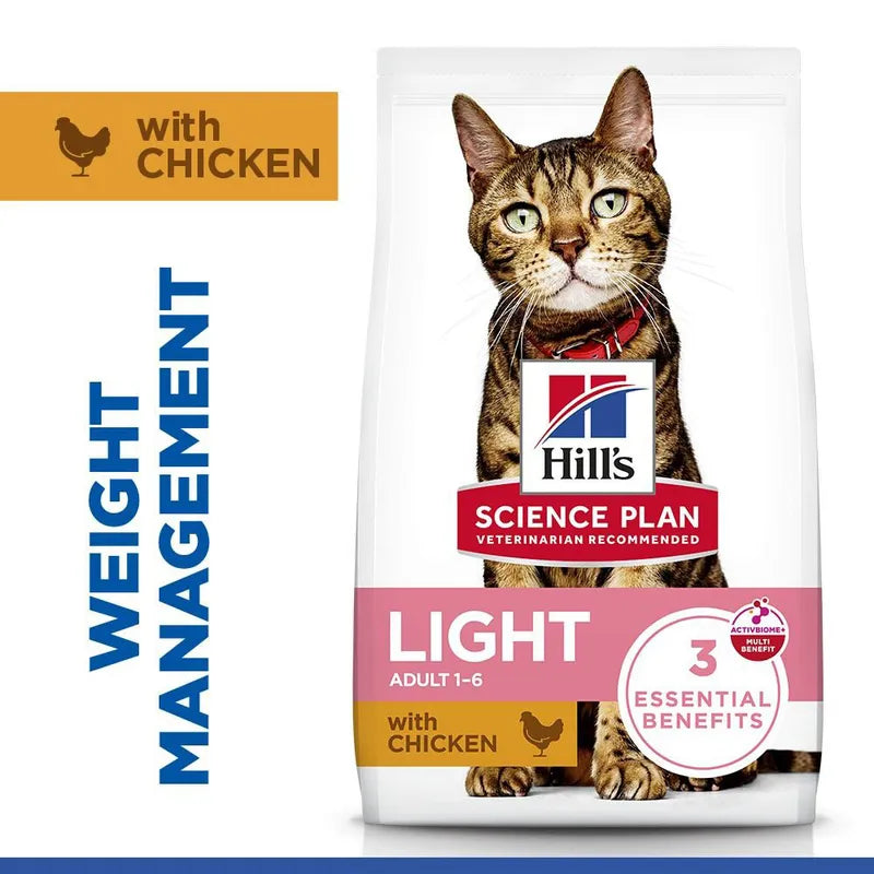 Hills Science Plan Weight Management Light cat food package with a cat on the label.