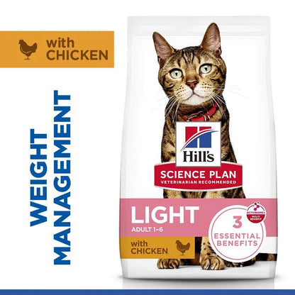 Hills Science Plan Weight Management Light cat food package with a cat on the label.