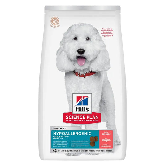 Hills Science Plan dog food package with a white dog on a white background