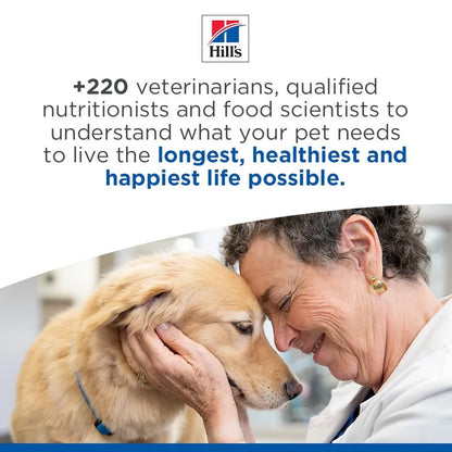 Woman petting a dog with Hills pet food brand logo and text about veterinarians and nutritionists on a white background.