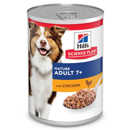 Can of Hills Science Plan dog food for mature adult dogs with chicken on a white background