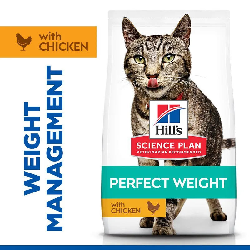 Hills Science Plan cat food package for weight management with chicken on a white background