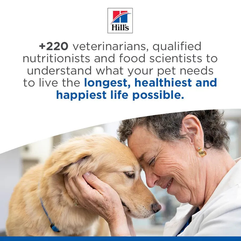 Woman petting a dog with Hills pet food brand logo and text about veterinarians and nutritionists on a white background.