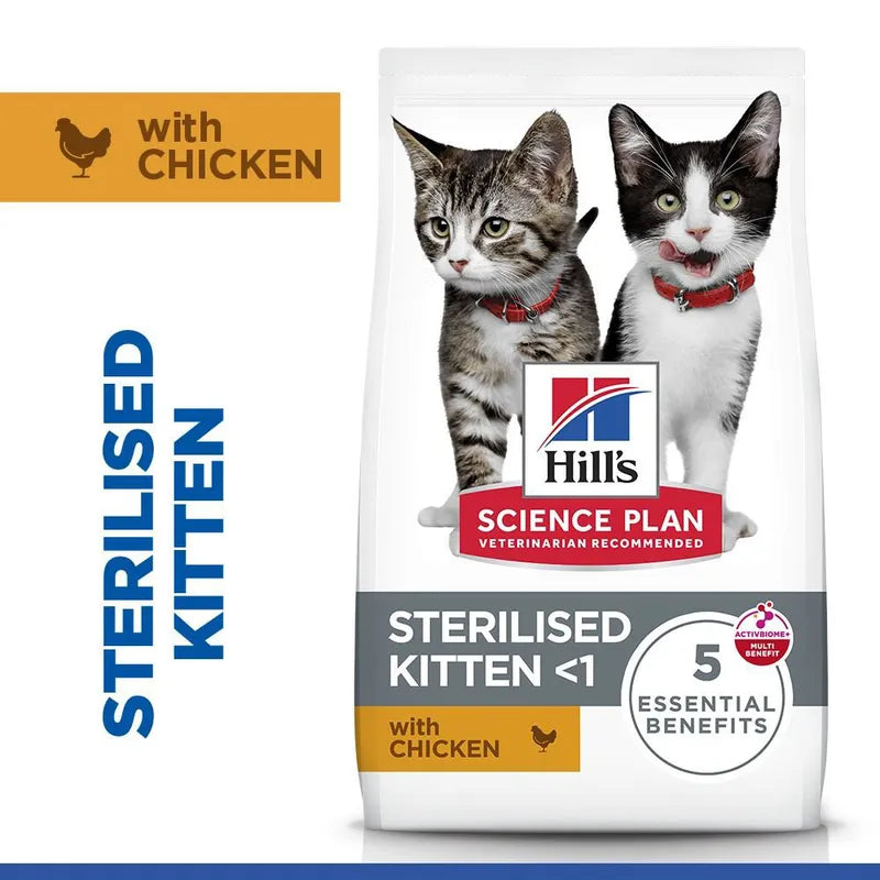 Hills Science Plan cat food package for sterilized kittens with chicken on a white background