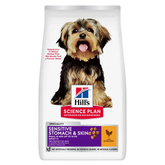 Hills Science Plan dog food package with a small dog on the label