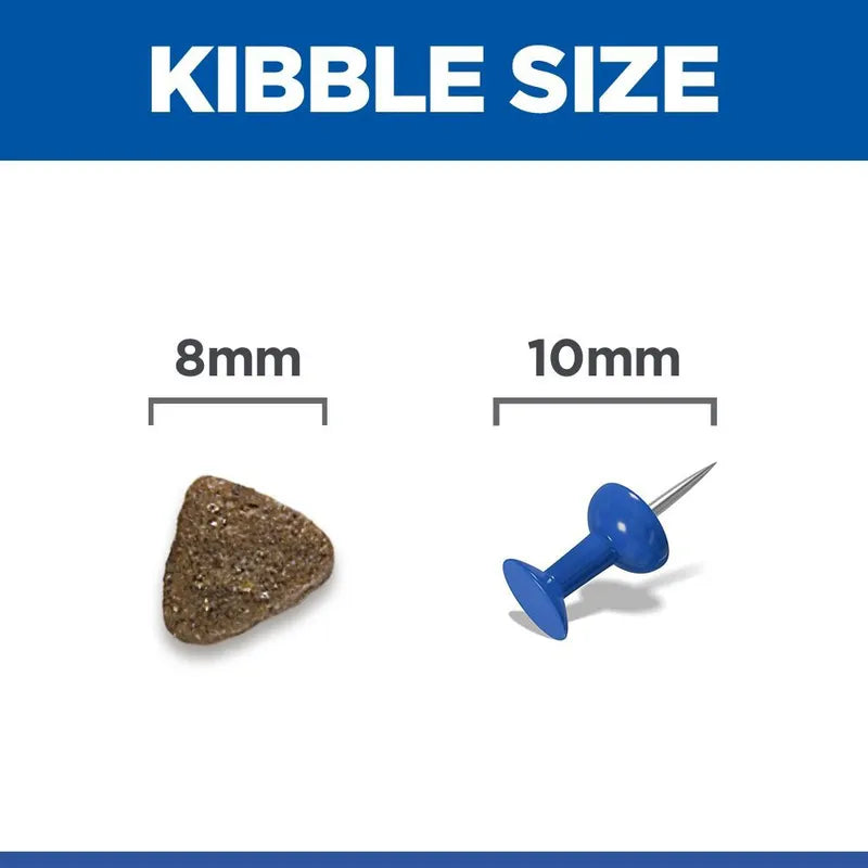 Comparison of kibble size to a 8mm and 10mm pin on a white background with blue border.