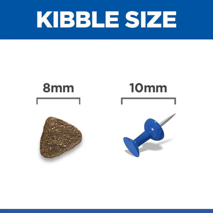 Comparison of kibble size to a 8mm and 10mm pin on a white background with blue border.