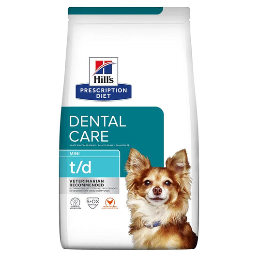Hills Prescription Diet Dental Care Mini t/d dog food package on a white background