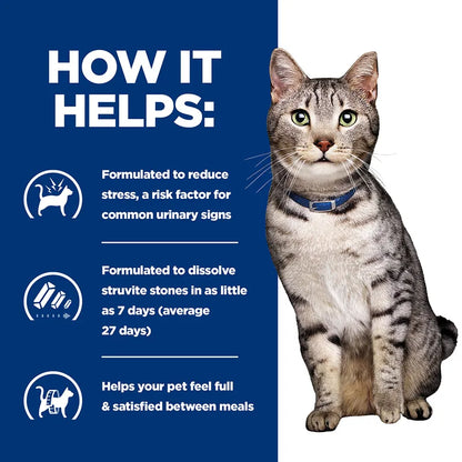Cat with a blue background and text about pet product benefits