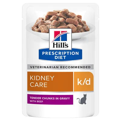 Hill's Prescription Diet k/d kidney care cat food pouch on a white background