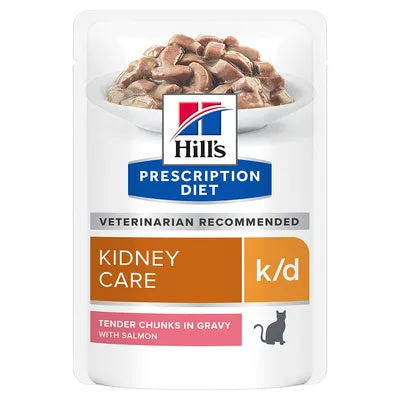 Hill's Prescription Diet K/D cat food pouch with salmon flavor on a white background