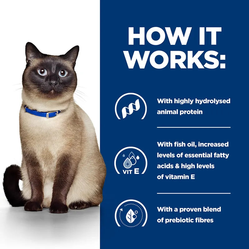 Cat wearing a blue collar with text about product features on a white and blue background
