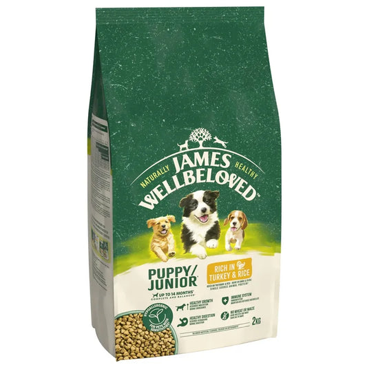 Bag of James Wellbeloved Puppy Junior dog food on a white background