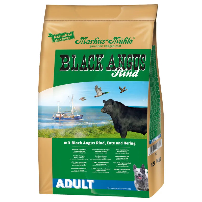 Dog food package with 'Black Angus Rind' branding on a white background