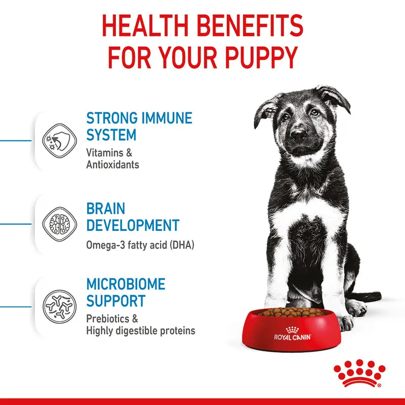 Royal Canin advertisement for puppy health benefits with a black and white puppy and red bowl.