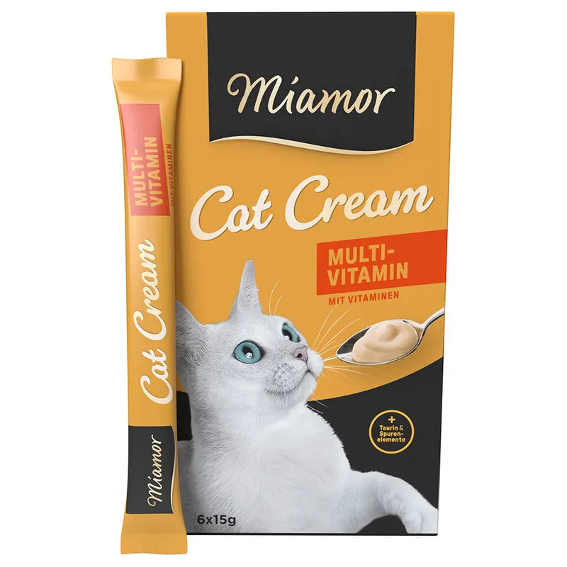 Miamor Cat Cream Multi-Vitamin packaging with a cat on a white background