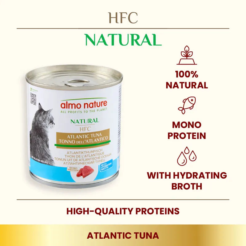 Almo Nature HFC Natural Atlantic Tuna cat food can with product details on a white background