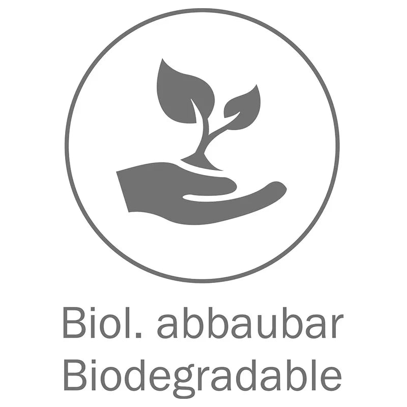Biodegradable symbol with a hand holding leaves and text 'Biol. abbaubar Biodegradable' on a white background