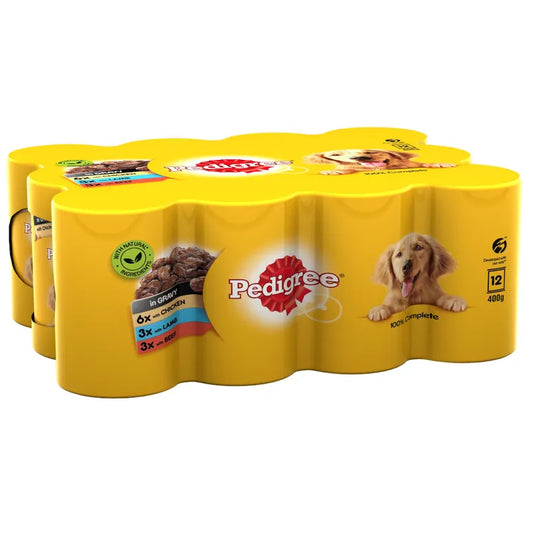 Packaging of Pedigree dog food with a yellow container and visible branding.