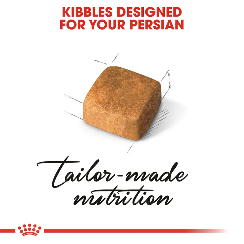 Cat food kibble with text 'Kibbles Designed for Your Persian' and 'Tailor-made nutrition' on a white background.